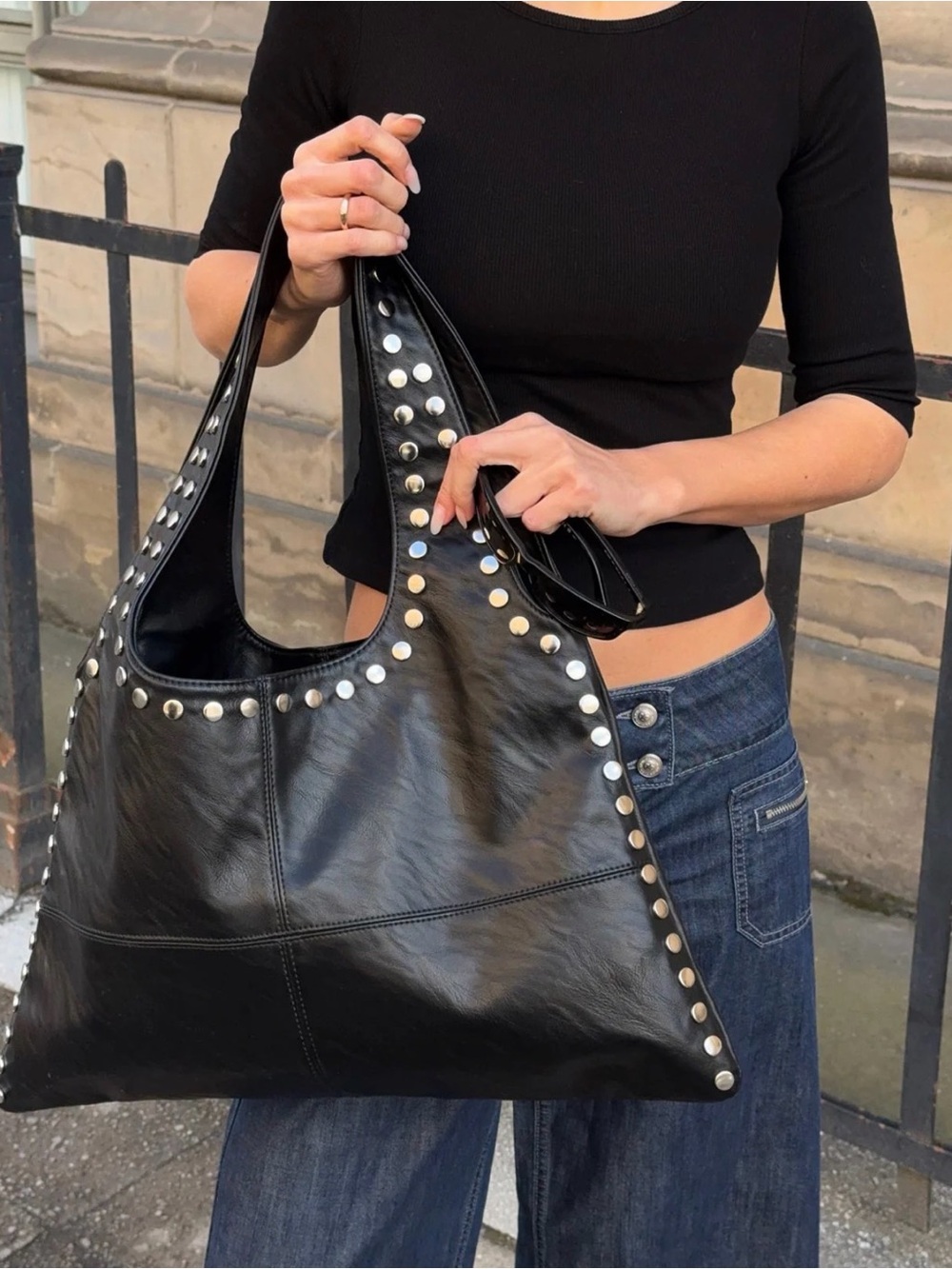 Princess Polly Black Studded Leather Hobo Bag